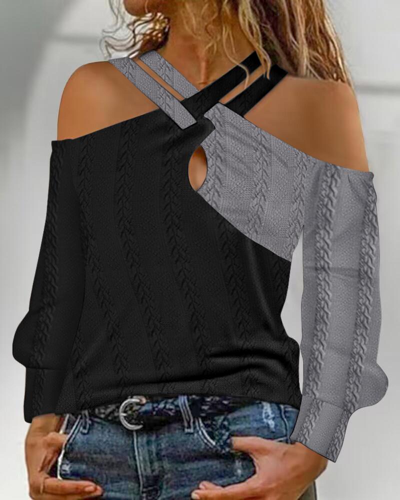 

Colorblock Crisscross Cold Shoulder Textured Top, Gray