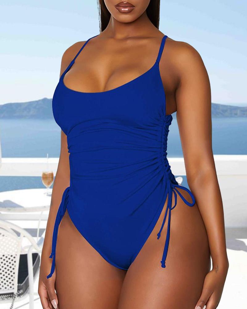 

Drawstring U-Neck Sleeveless One Piece Swimsuit, Blue