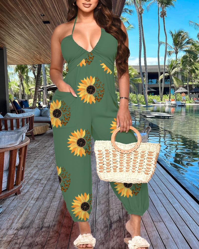 

Sunflower Butterfly Print Halter Cuffed Jumpsuit, Green