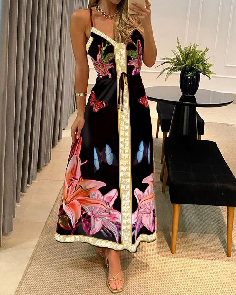 

Butterfly Floral Print Spaghetti Strap Maxi Dress, Black