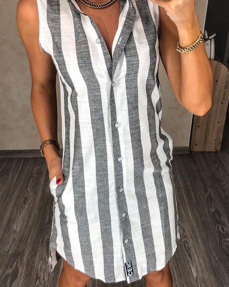 

Striped Colorblock Pocket Design Buttoned Shirt Dress, Gray