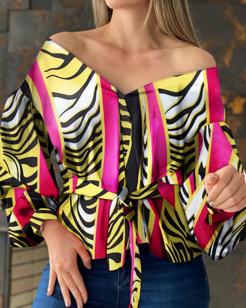 

Zebra Stripe Off Shoulder Lantern Sleeve Tie Front Top, Hot pink