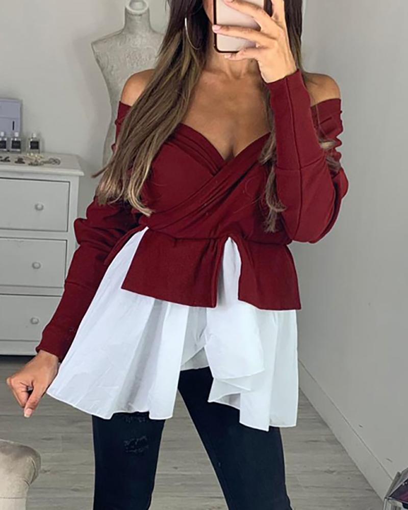 

Off Shoulder Batwing Sleeve Colorblock Insert Ruffles Women Blouse, Wine red