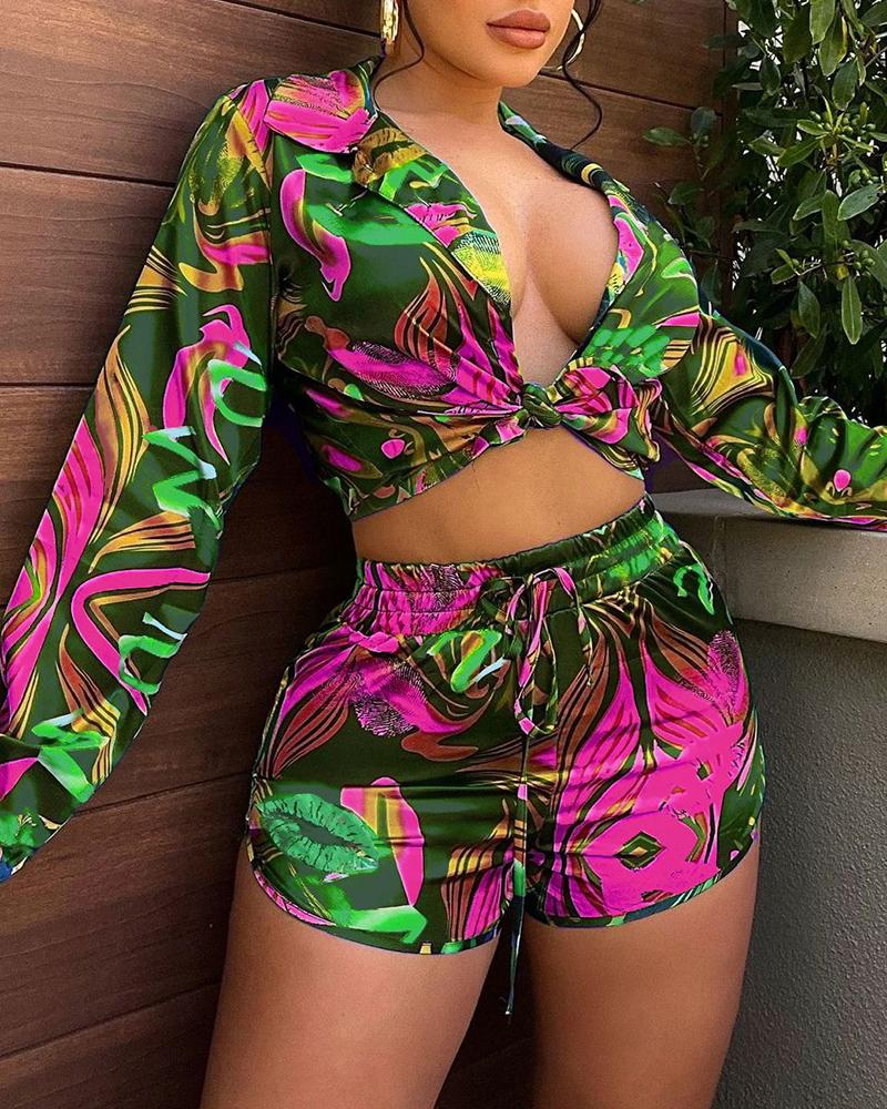 

Tropical Print Shirt & Drawstring Shorts Set, Rose red