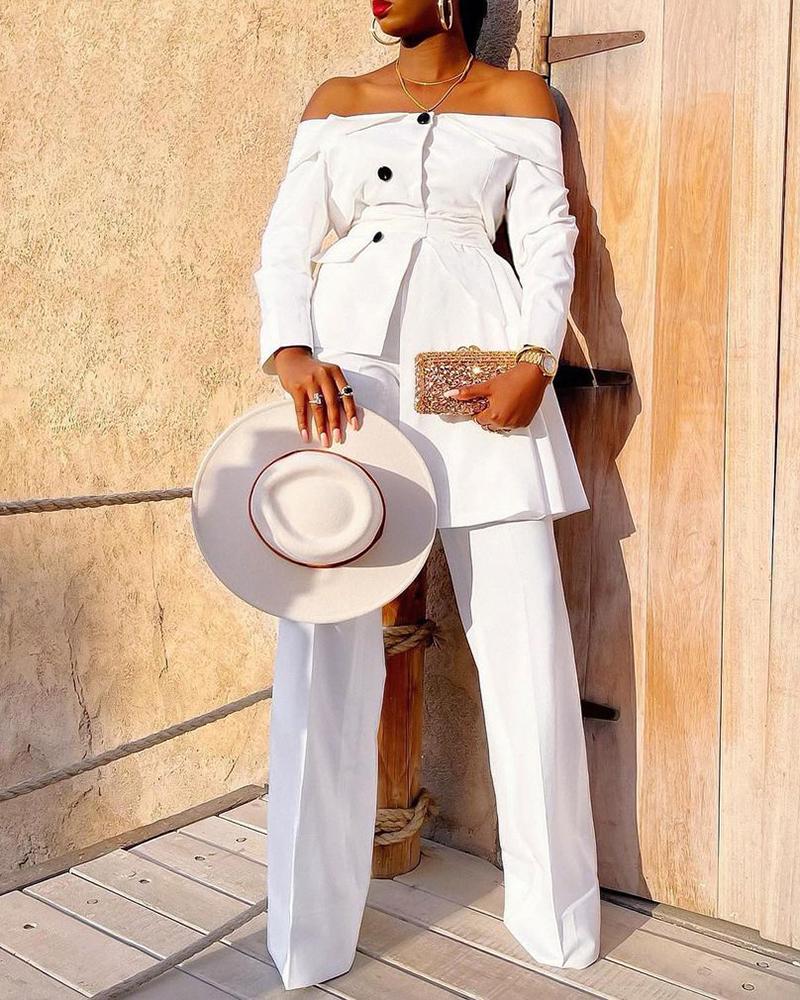 

Two Piece Sets Plain Off Shoulder Ruffles Asymmetrical Blazer Coat & Pants Set Work Suit Set, White