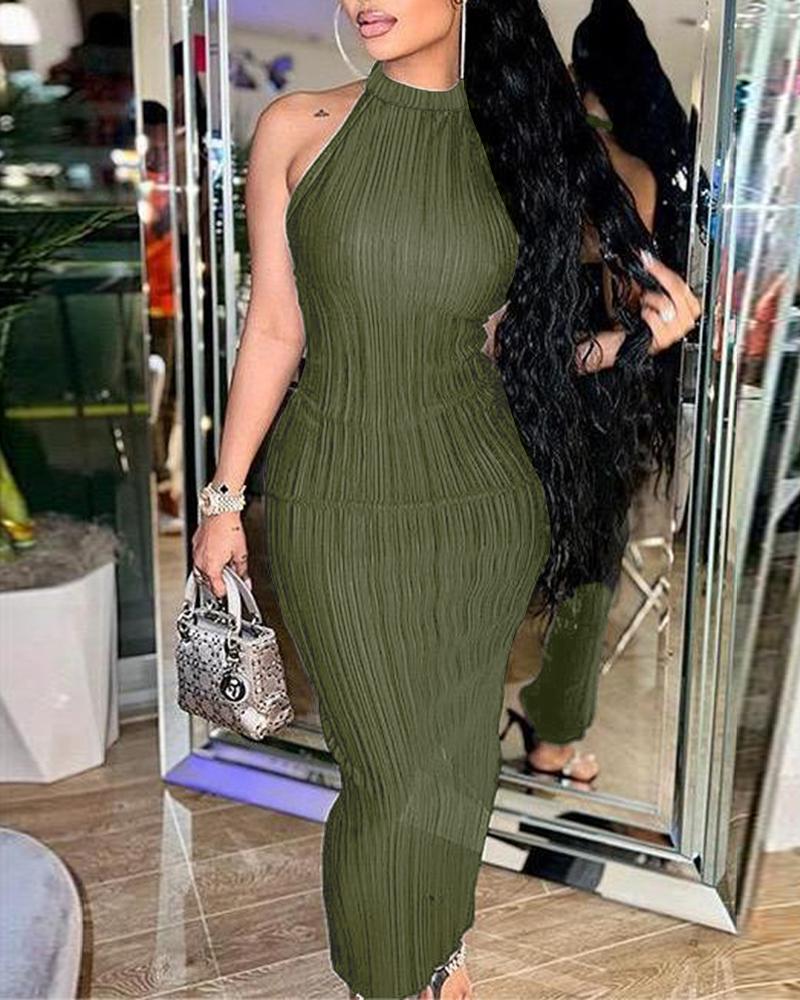 

O-Neck Sleeveless Textured Bodycon Dress, Green