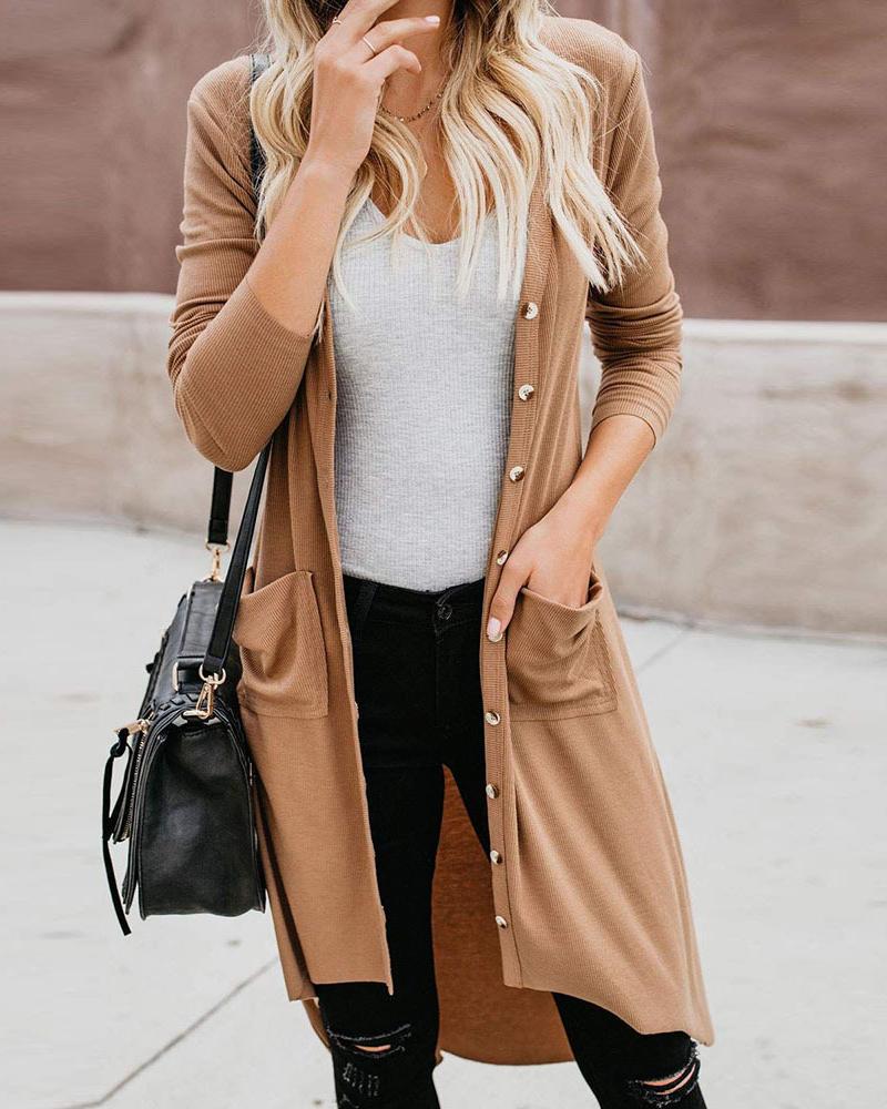 

Long Sleeve Button Front High Low Hem Cardigan, Brown