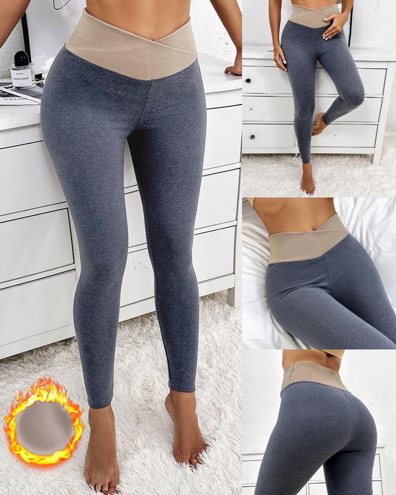 

Contrast Paneled High Waist Thermal Warm Fleece Lined Yoga Pants, Blue