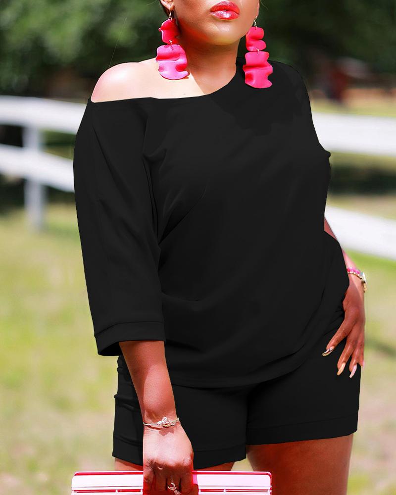 

Plain Casual Top & Shorts Set, Black