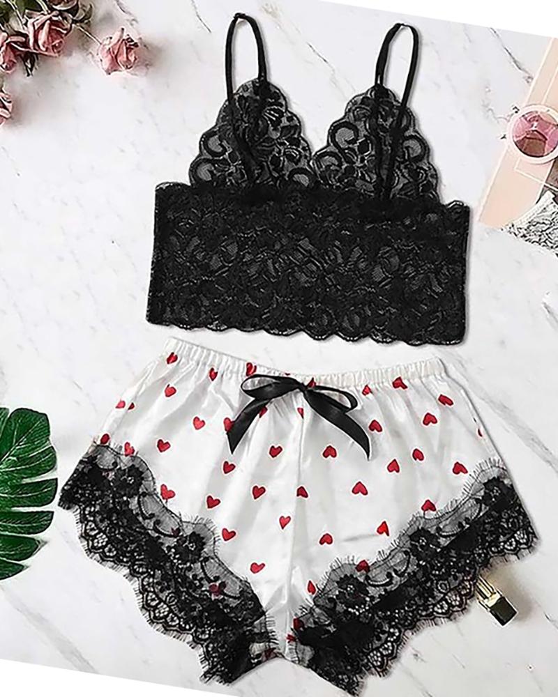 

Heart Print Satin Eyelash Lace Cami Set, Black