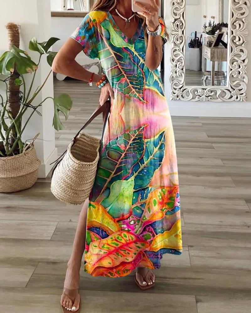 

Leaf Print V-Neck Split Hem Casual Dress, Multicolor