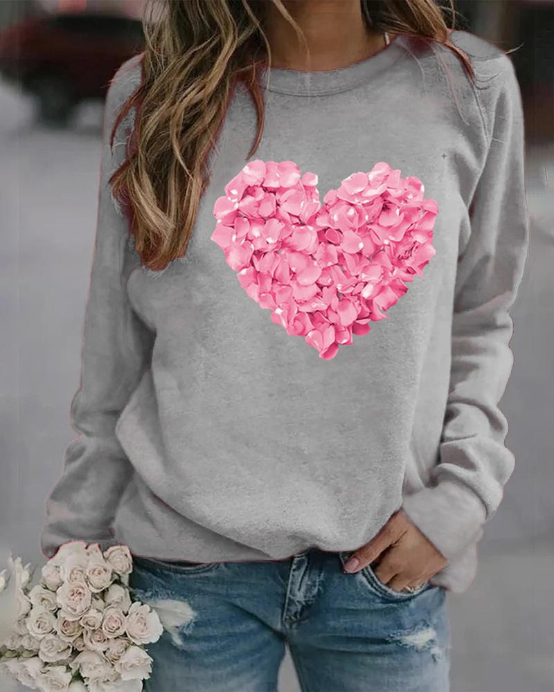 

Valentine's Day Floral Heart Print Long Sleeve Top, Gray
