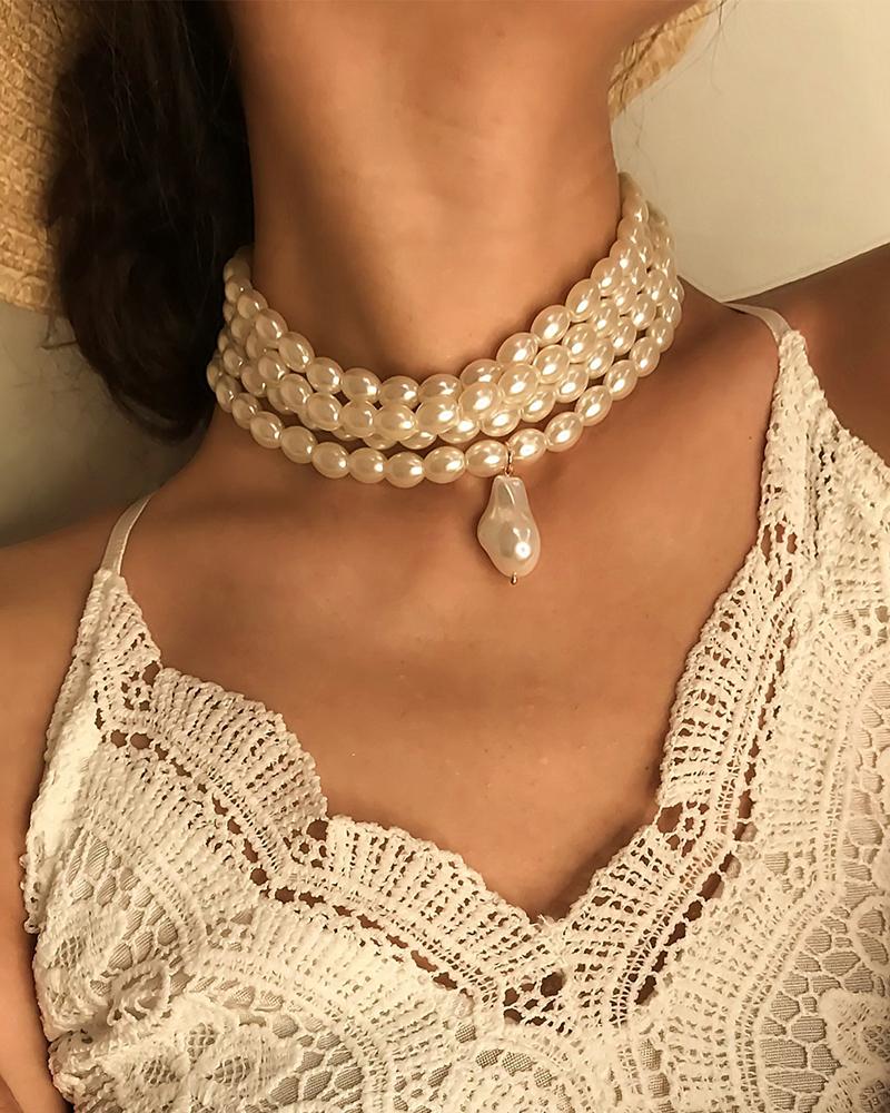 

Layered Beaded Pendant Necklace, White