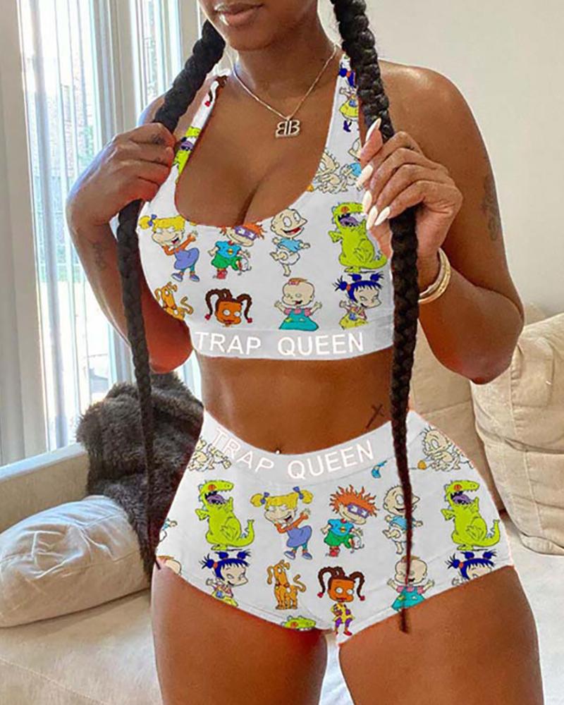 

Tie Dye/Cartoon Print Plus Size Top & Short Sets, White