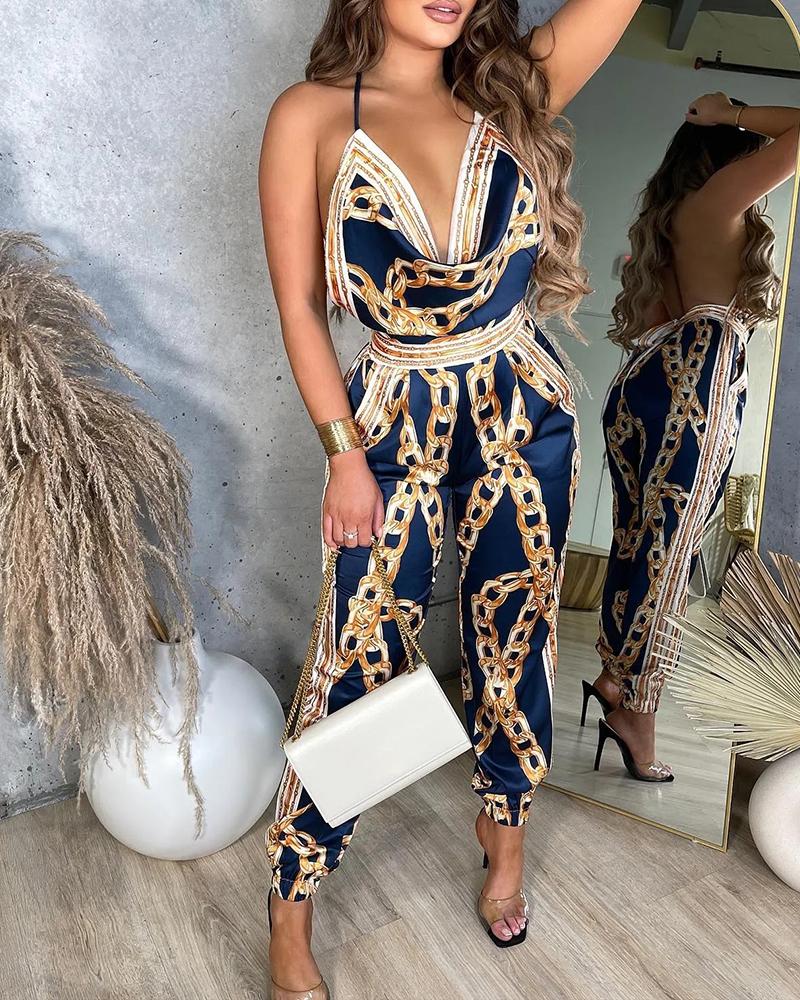 

Chain Print Halter Backless Satin Jumpsuit, Blue