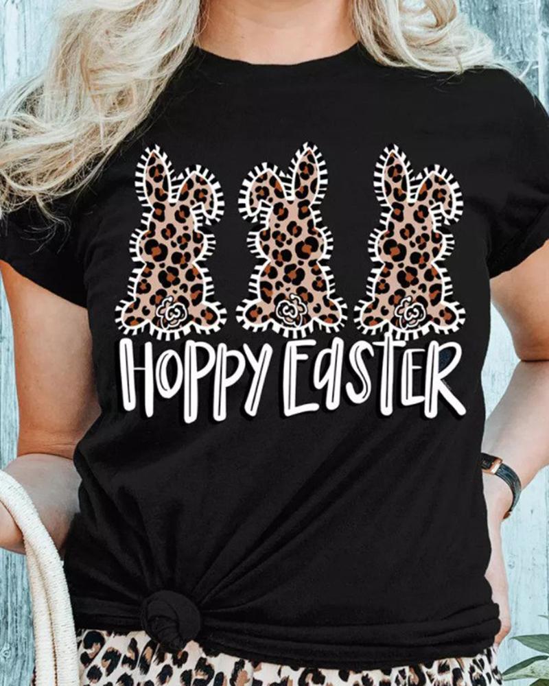 

Leopard Easter Bunny Letter Print Crew Neck Casual T-shirt, Black
