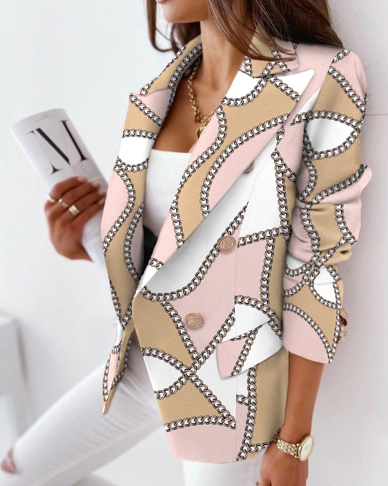 

Scarf Print Lapel Collar Flap Detail Double Breasted Blazer, Multicolor