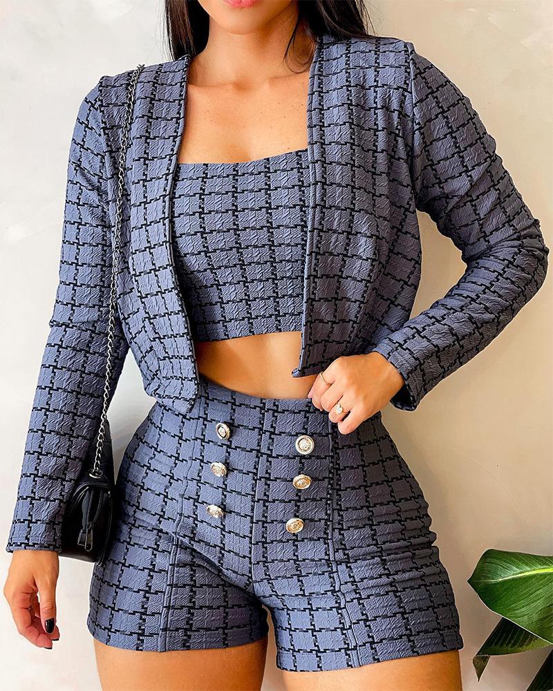 

Plaid Print Bandeau Top & Buttoned Shorts Set With Coat, Dark grey