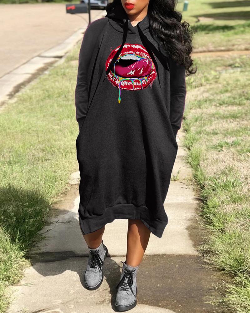 

Plus Size Lip Print Long Sleeve Hooded Sweatshirt Dress, Black