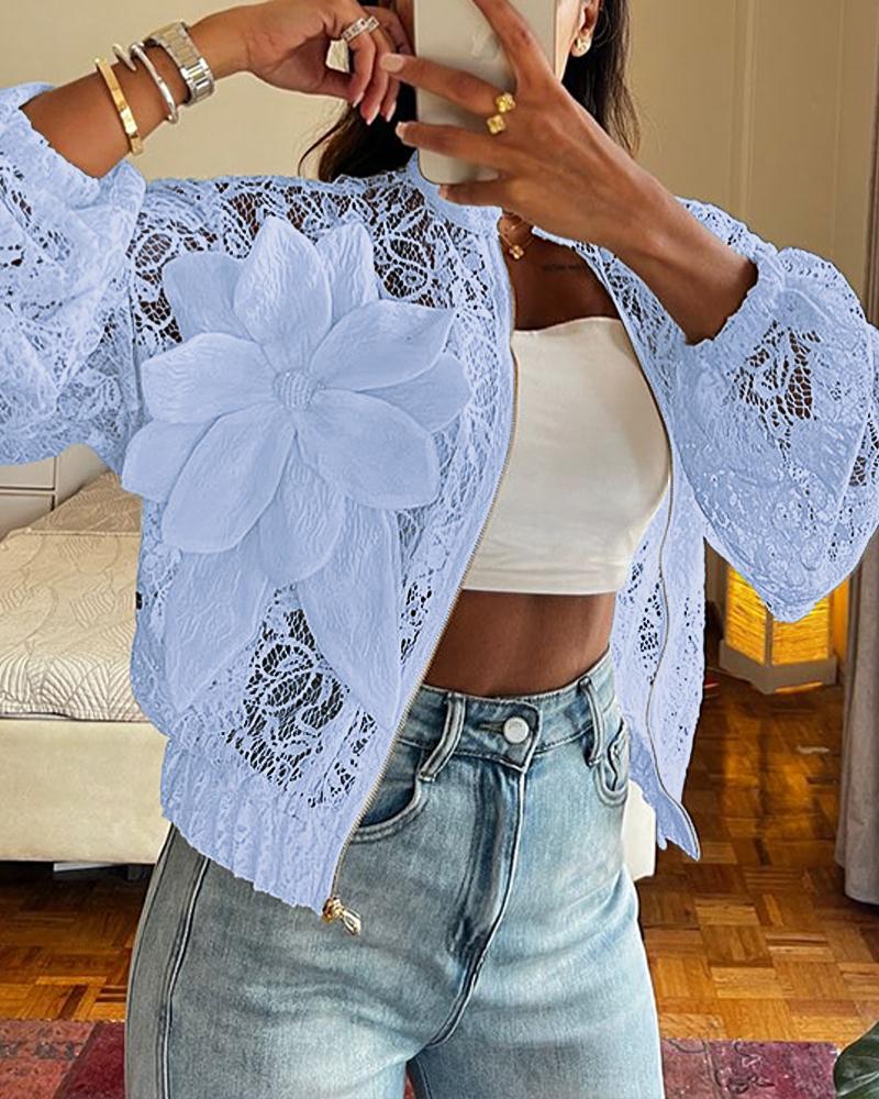 

Veste courte transparente en dentelle à fleurs 3D, manteau décontracté ample à manches longues, Lighted blue