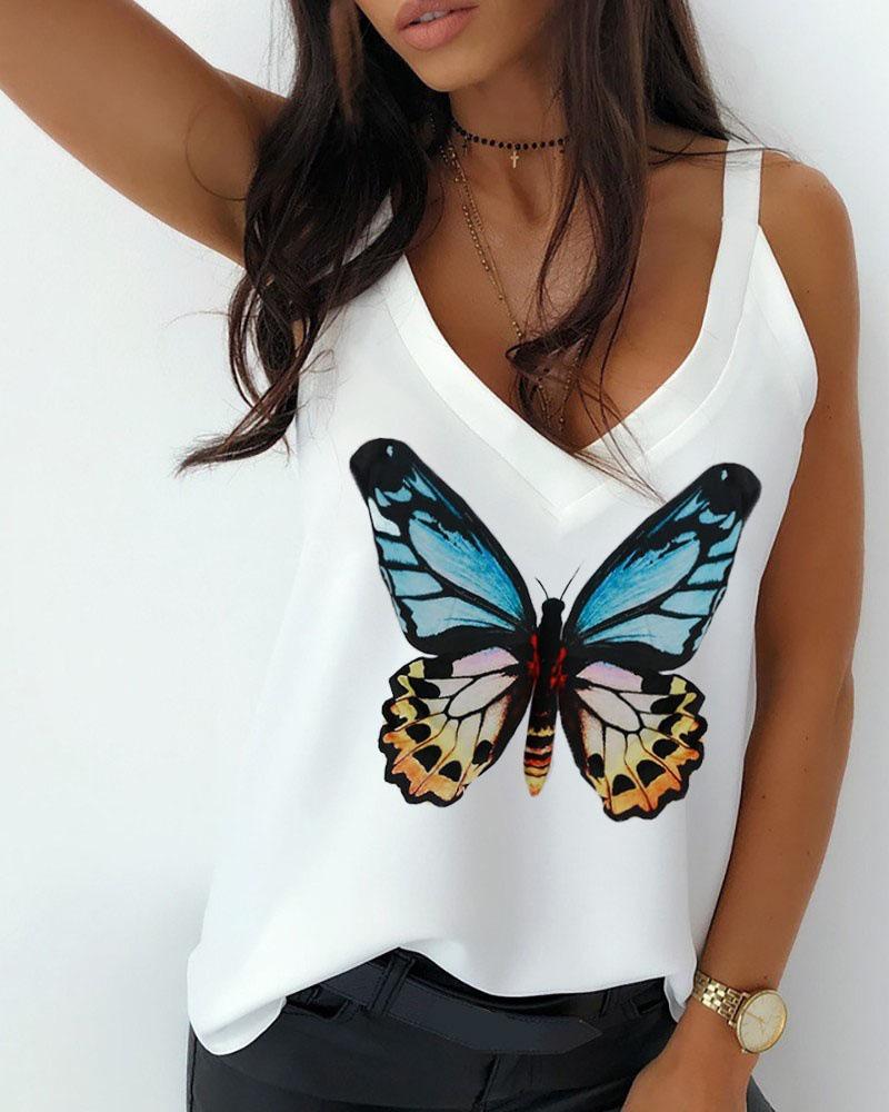 

Butterfly Print V Neck Tank Top, White