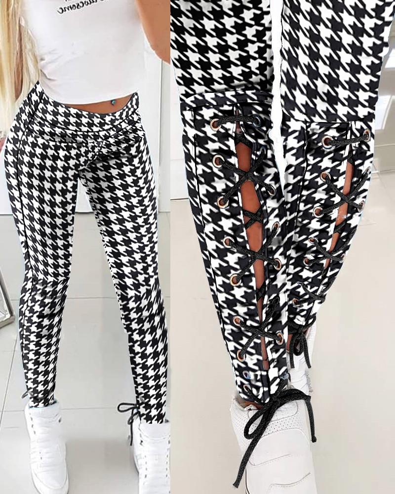 

Houndstooth Eyelet Lace-Up Skinny Pants, Black