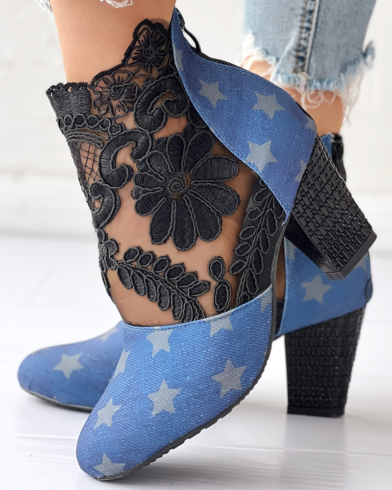 

Contrast Lace Zip Back Chunky Heel Ankle Boots, Black&blue