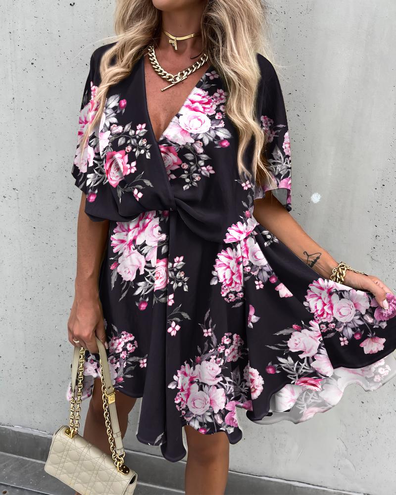 

Floral Print Batwing Sleeve Overlap Flowy Swing Dress, Black