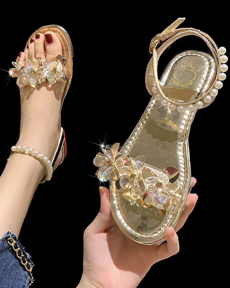 

Crystal Floral Pattern Beaded Ankle Strap Sandals, Gold