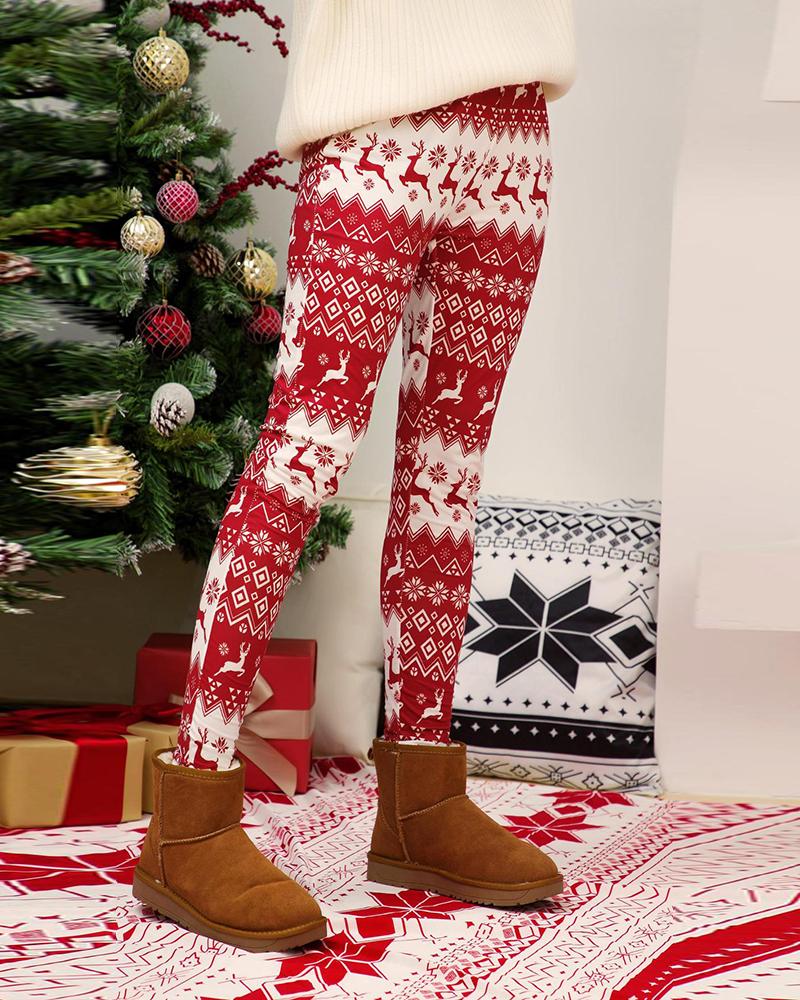 

Christmas Snowman / Tree / Moose / Snowflake Print Skinny Pants, Style4