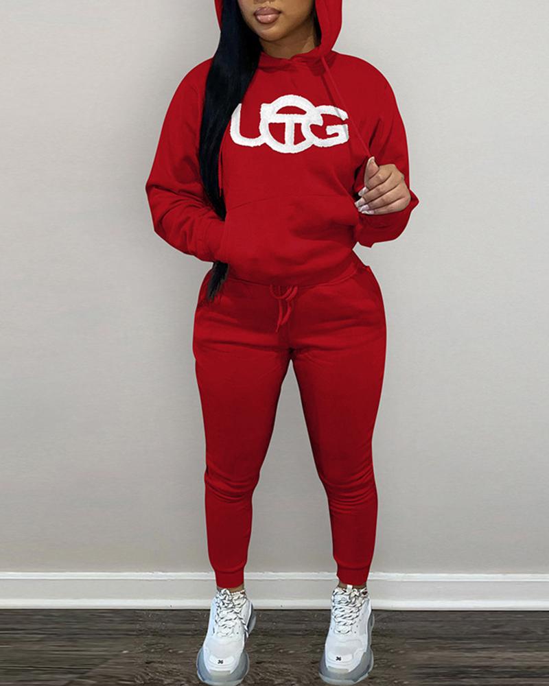 

Letter Print Hooded Sweatshirt & Drawstring Pants Set, Red