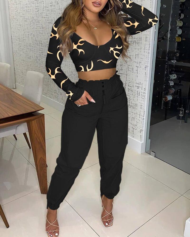 

Graphic Print Top & Buttoned Pocket Zipper Design Pants Sets, Black