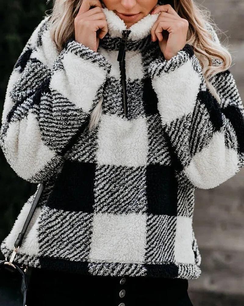 

Plaid Print Zip Detail Long Sleeve Fluffy Sweatshirt, White