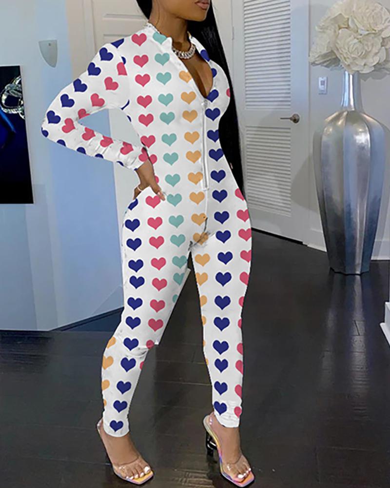 

Print Long Sleeve Zipper Design Jumpsuit, Pink