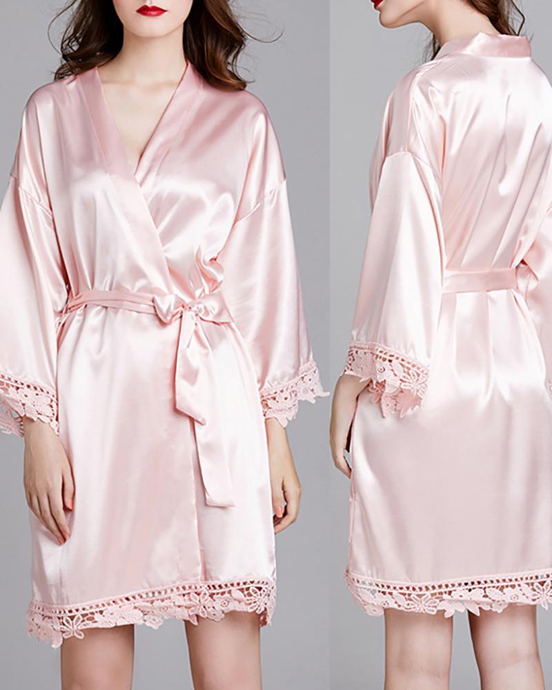 

Guipure Lace Patch Satin Tied Detail Lounge Robe, Pink