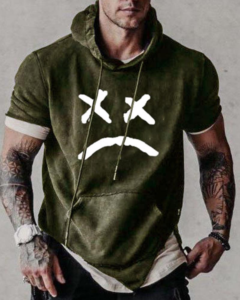 

Graphic Print Short Sleeve Loose Hooded Sweatshirts, Green