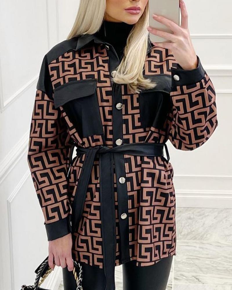 

Geo Print Patchwork Button Front Belted Shacket, Black