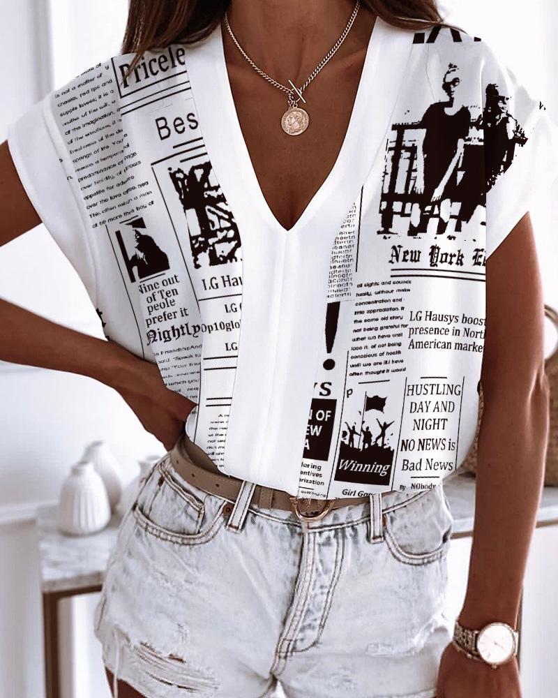 

Newspaper Print V-neck Short Sleeve Casual Top, White