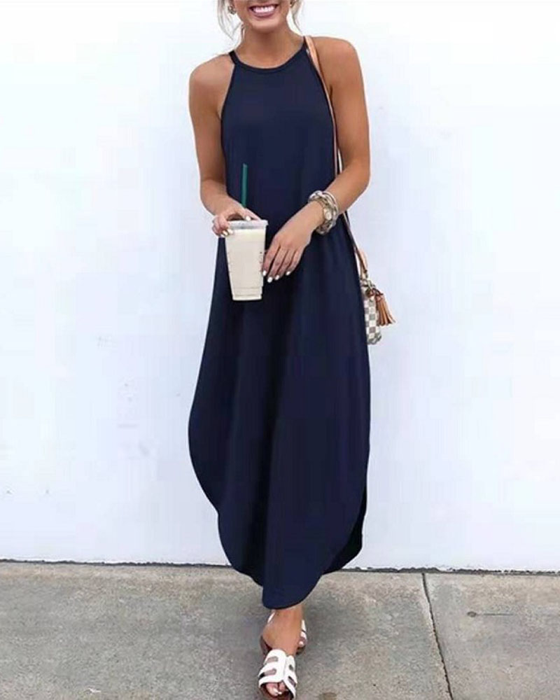 

Plain Round Neck Sleeveless Casual Dress, Blue