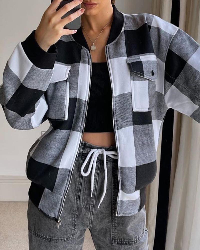 

Plaid Print Zipper Up Pocket Design Jacket, Black