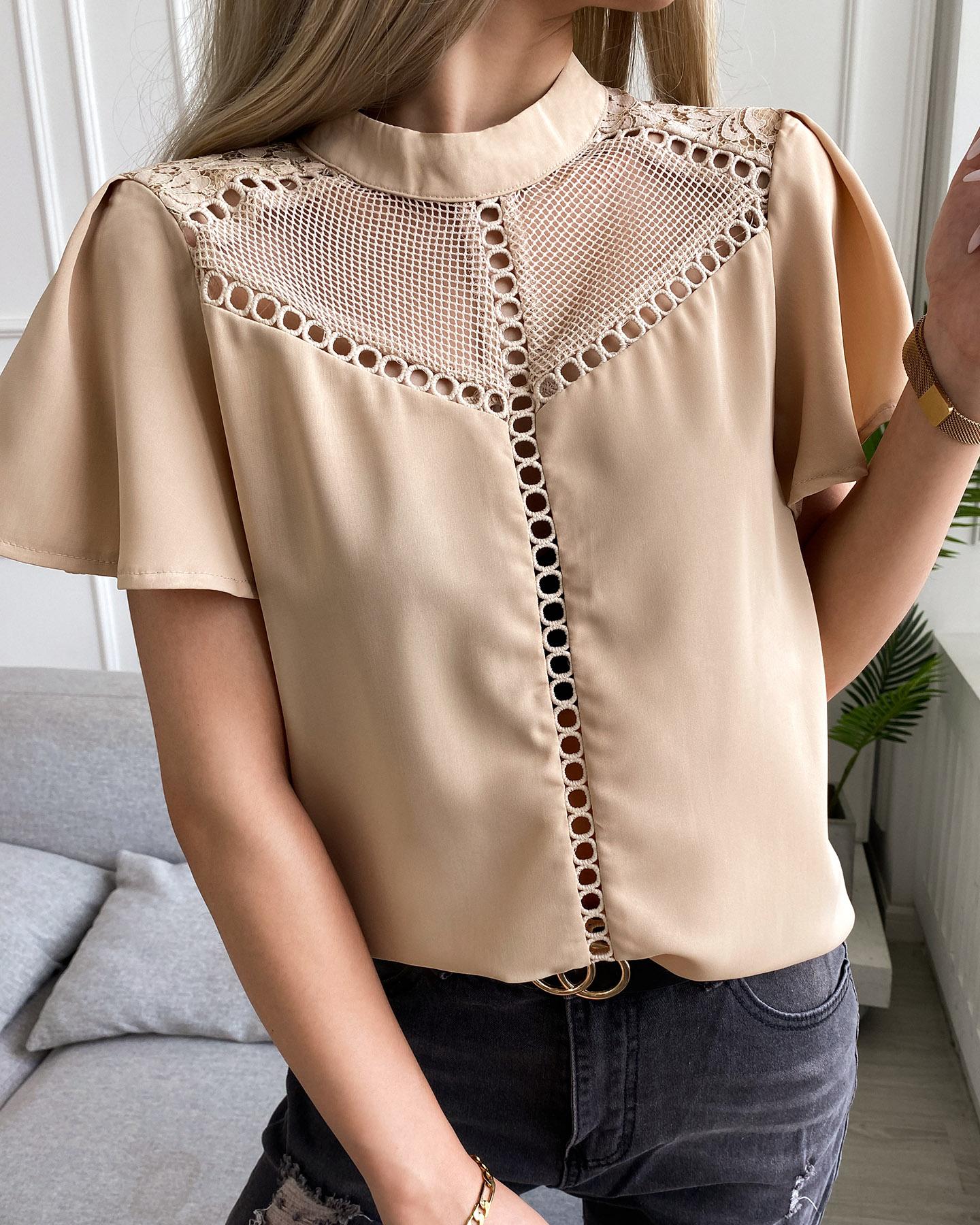 

Hollow Out Lace Patch Ruffles Sleeve Top, Apricot