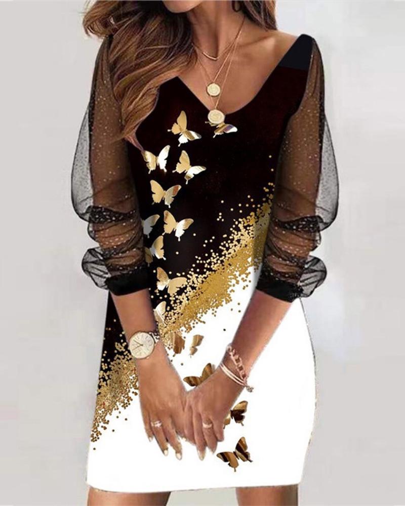 

Butterfly Print Contrast Mesh Long Sleeve Casual Dress, White