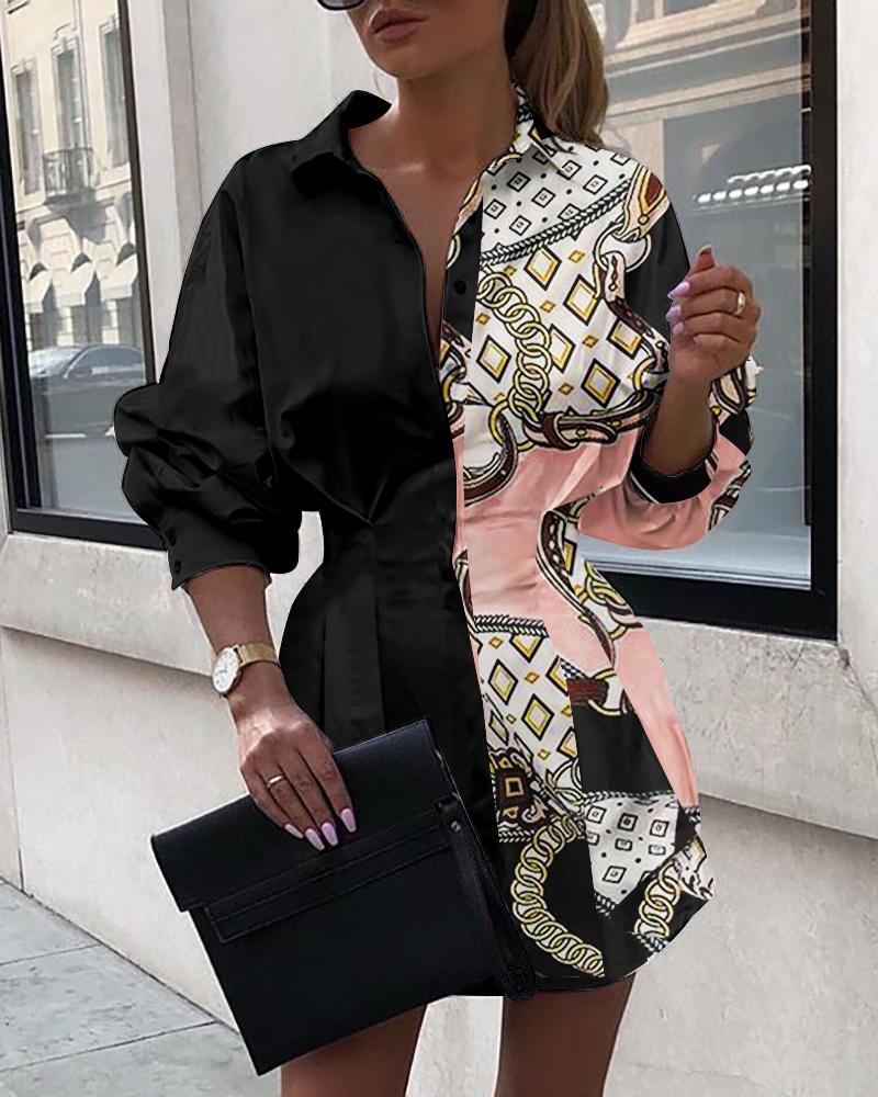 

Geo Chain Print Long Sleeve Button Down Shirt Dress, Black