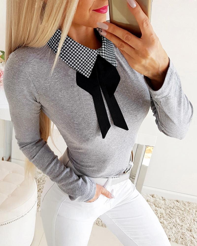 

Turn-down Collar Plaid Colorblock Shirt, Gray