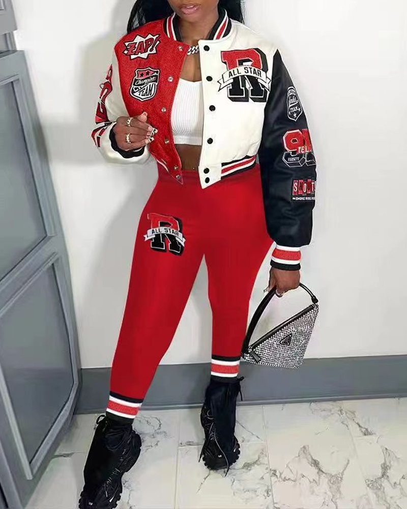 

Colorblock Graphic Print Baseball Jacket & Pants Set, Red