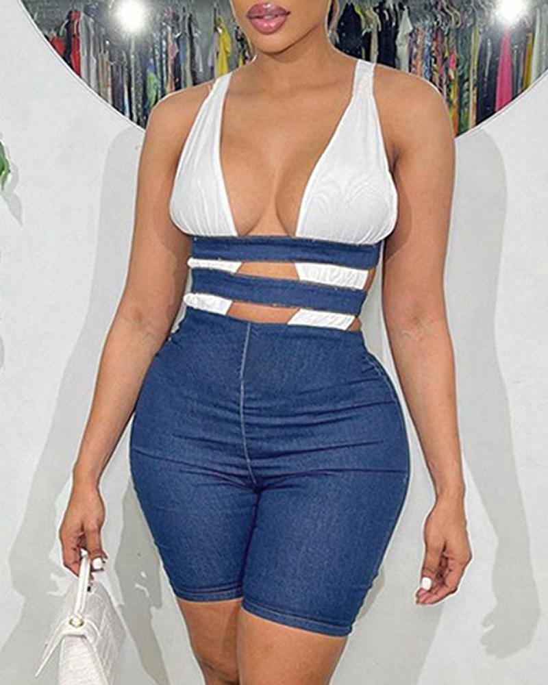 

Cutout Backless Plunge Denim Patch Romper, Blue