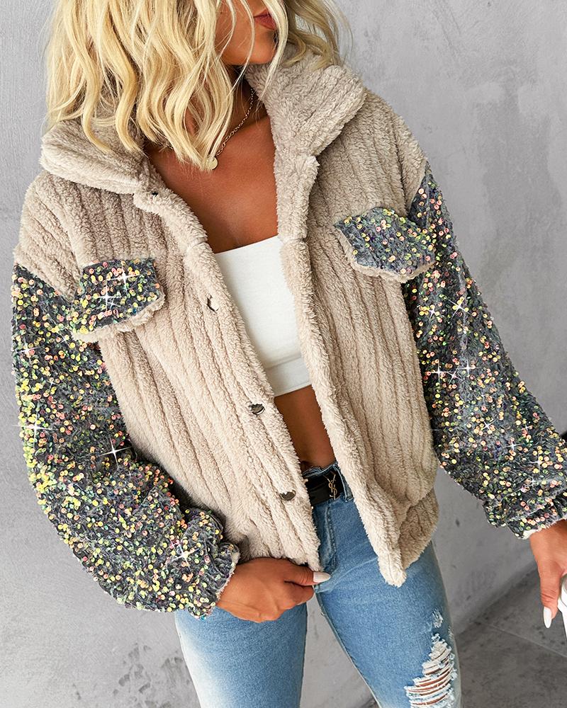 

Turn-down Collar Sequin Patch Teddy Jacket, Apricot