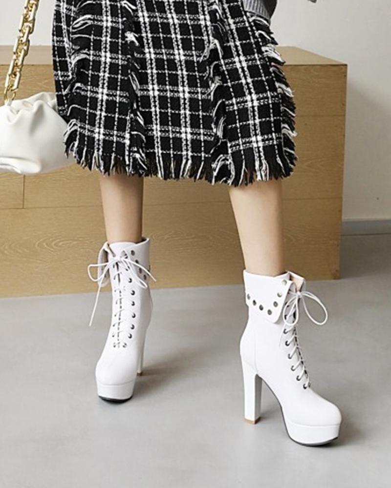 

Ladies Wax Finish Lace-up Round Toe High Heels Booties, White