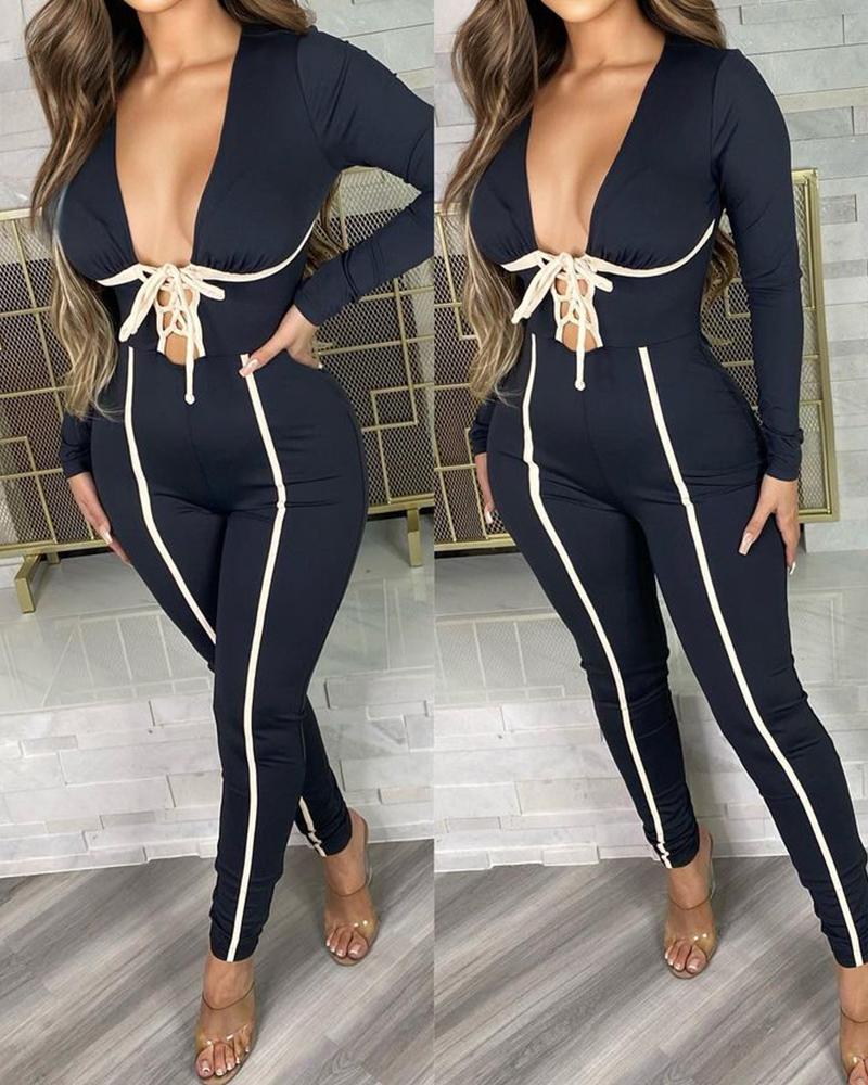 

Long Sleeve Lace-up Skinny Jumpsuit, Black