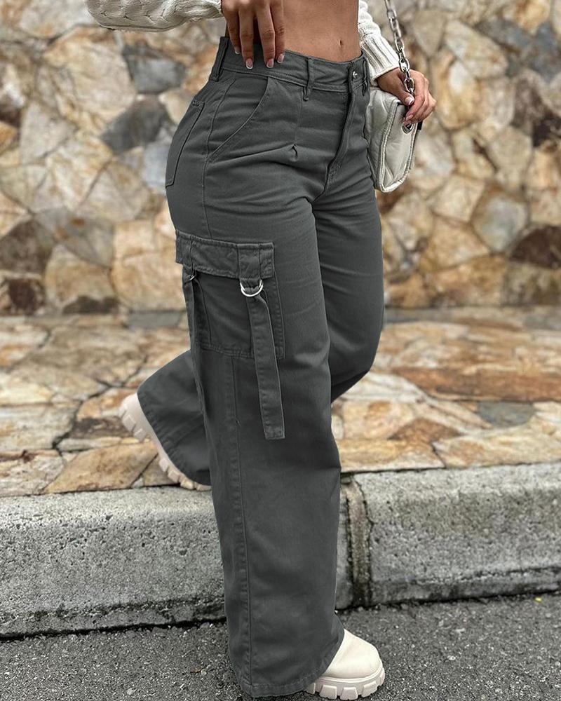 

Pocket Design High Waist Cargo Pants, Dark grey